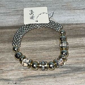 Rhinestone Beaded Stretch Bracelet Gold Silver Tone Chunky Classic Stackable New